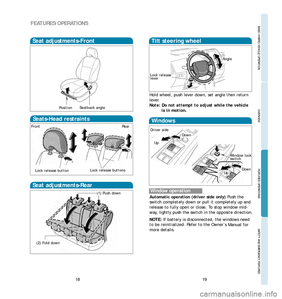 TOYOTA PRIUS 2006 2.G Quick Reference Guide 1819
OVERVIEW
BASIC HYBRID VEHICLE OPERATION FEATURES/OPERATIONSSAFETY AND EMERGENCY FEATURES
FEATURES/OPERATIONS
Windows
Window operation
Automatic operation (driver side only) Push the
switch compl TOYOTA PRIUS 2006 2.G Quick Reference Guide 1819
OVERVIEW
BASIC HYBRID VEHICLE OPERATION FEATURES/OPERATIONSSAFETY AND EMERGENCY FEATURES
FEATURES/OPERATIONS
Windows
Window operation
Automatic operation (driver side only) Push the
switch compl