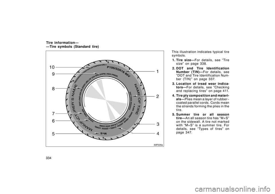 TOYOTA PRIUS 2007 2.G Owners Manual 334This illustration indicates typical tire
symbols.
1. Tire size— For details, see “Tire
size” on page 338.
2. DOT and Tire Identification Number (TIN)— For details, see
“DOT and Tire Iden TOYOTA PRIUS 2007 2.G Owners Manual 334This illustration indicates typical tire
symbols.
1. Tire size— For details, see “Tire
size” on page 338.
2. DOT and Tire Identification Number (TIN)— For details, see
“DOT and Tire Iden