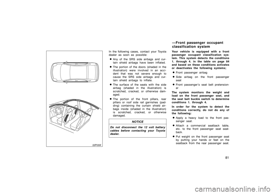TOYOTA PRIUS 2007 2.G Manual Online 81
22p030f
In the following cases, contact your Toyota
dealer as soon as possible:
Any of the SRS side airbags and cur-
tain shield airbags have been inflated.
The portion of the doors  (shaded in t