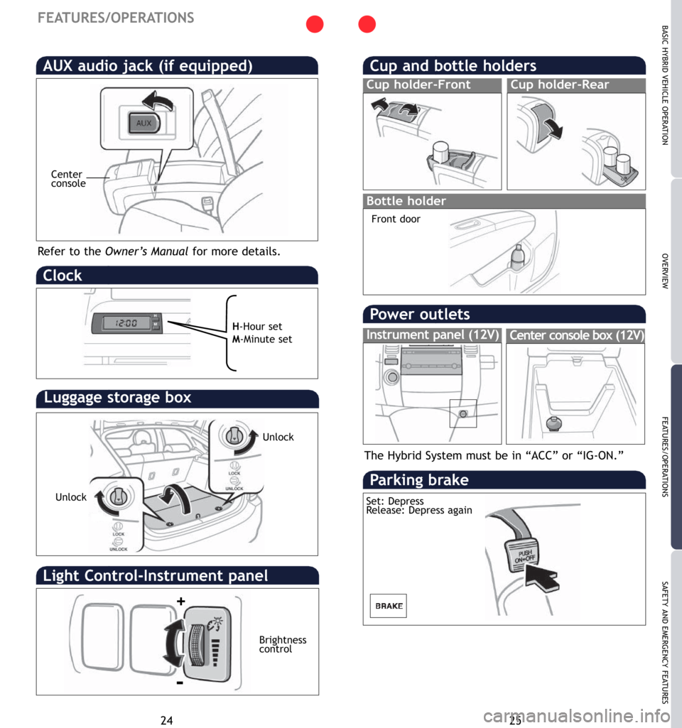 TOYOTA PRIUS 2007 2.G Quick Reference Guide OVERVIEW BASIC HYBRID VEHICLE OPERATION
FEATURES/OPERATIONS
SAFETY AND EMERGENCY FEATURES
24
FEATURES/OPERATIONS
Clock 
AUX audio jack (if equipped)
25 Refer to the Owner’s Manualfor more details.
H