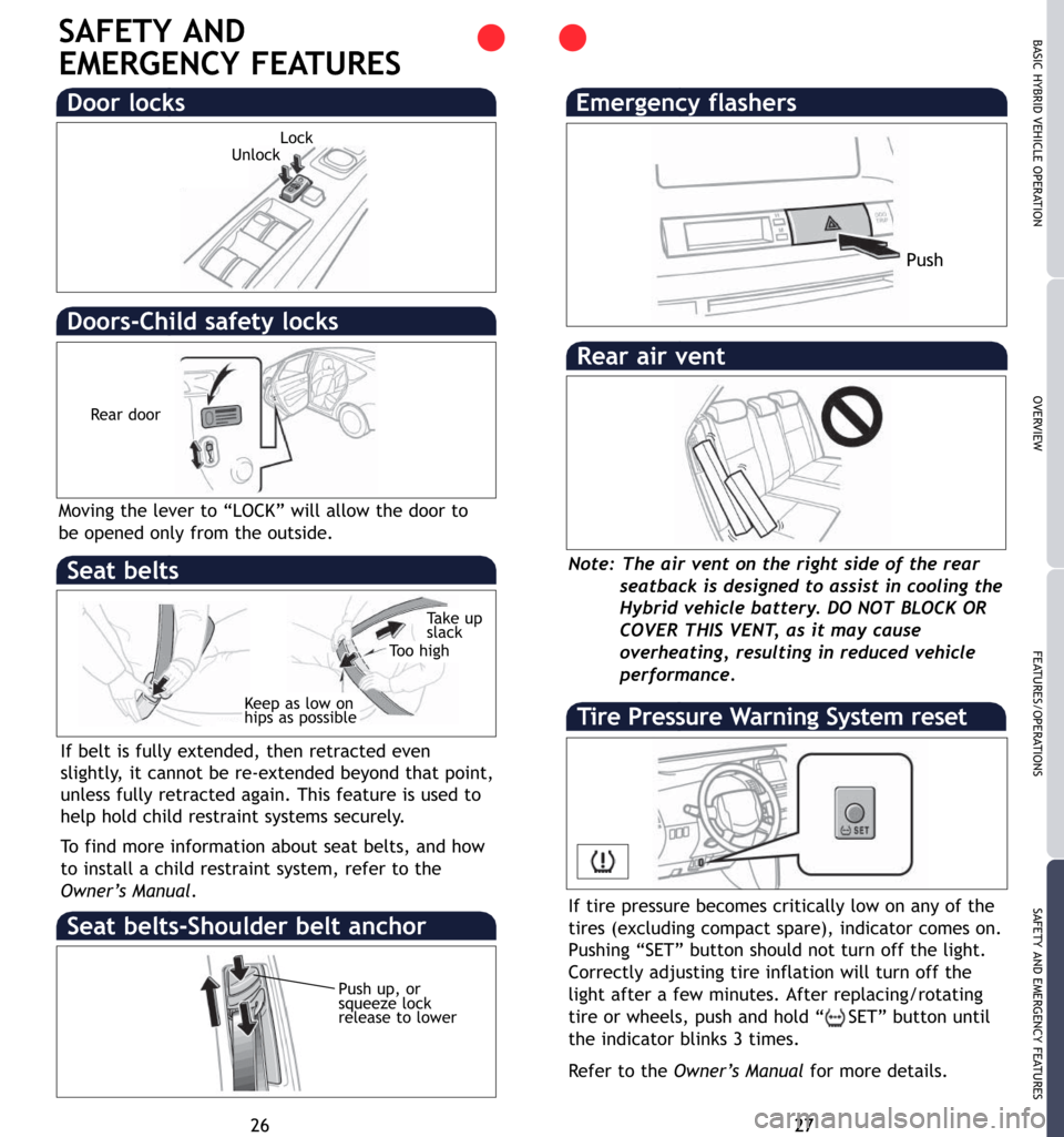TOYOTA PRIUS 2007 2.G Quick Reference Guide 26 27
OVERVIEW BASIC HYBRID VEHICLE OPERATION
FEATURES/OPERATIONSSAFETY AND EMERGENCY FEATURES
27
SAFETY AND
EMERGENCY FEATURES
Emergency flashers
Note:The air vent on the right side of the rear
sea TOYOTA PRIUS 2007 2.G Quick Reference Guide 26 27
OVERVIEW BASIC HYBRID VEHICLE OPERATION
FEATURES/OPERATIONSSAFETY AND EMERGENCY FEATURES
27
SAFETY AND
EMERGENCY FEATURES
Emergency flashers
Note:The air vent on the right side of the rear
sea