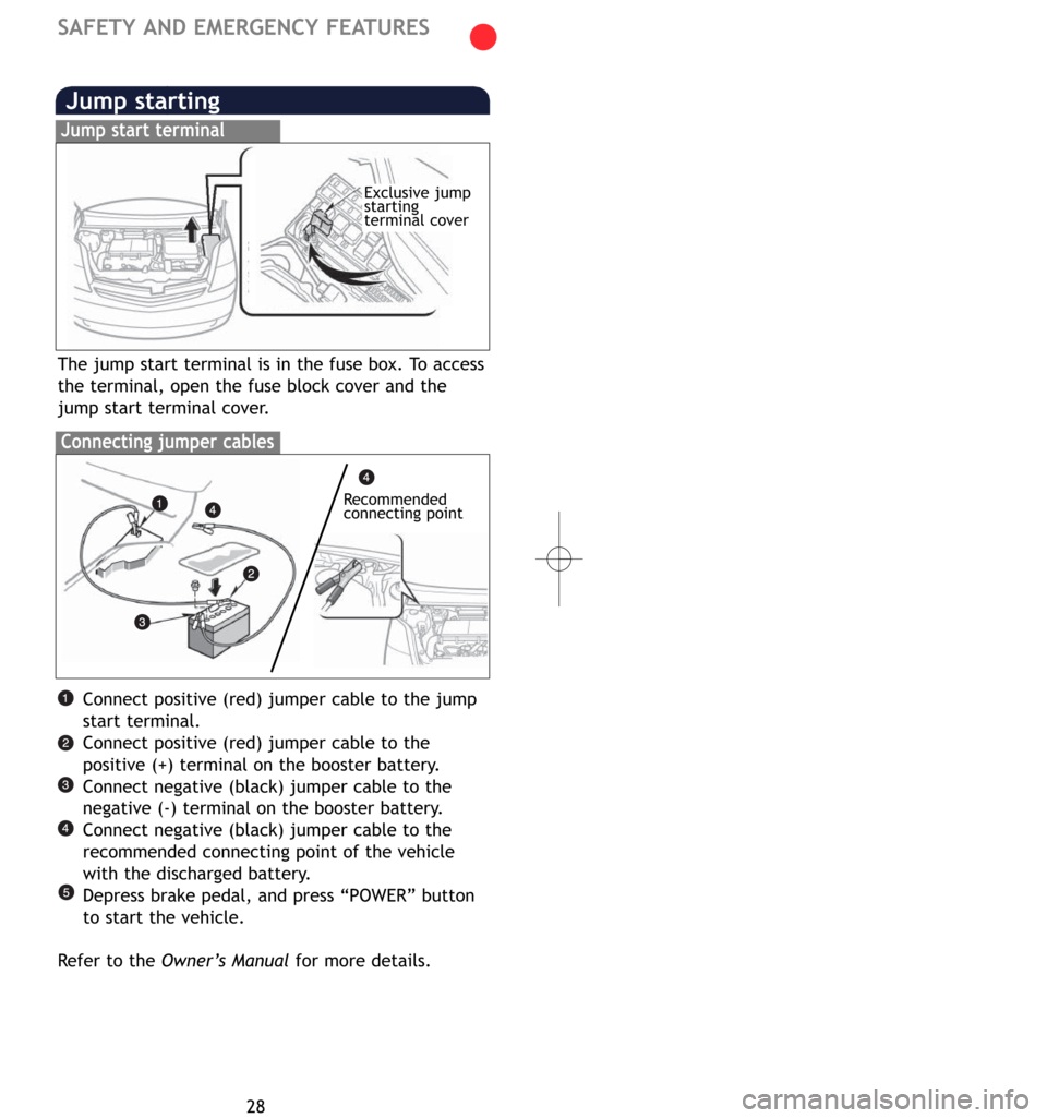 TOYOTA PRIUS 2007 2.G Quick Reference Guide 28
SAFETY AND EMERGENCY FEATURES
Jump starting
Jump start terminal
Connecting jumper cables
Connect positive (red) jumper cable to the jump
start terminal.
Connect positive (red) jumper cable to the
p