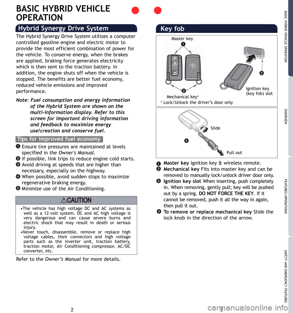 TOYOTA PRIUS 2007 2.G Quick Reference Guide 3 2
OVERVIEW BASIC HYBRID VEHICLE OPERATION
FEATURES/OPERATIONS
SAFETY AND EMERGENCY FEATURES
Master keyIgnition key & wireless remote.
Mechanical keyFits into master key and can be
removed to manuall