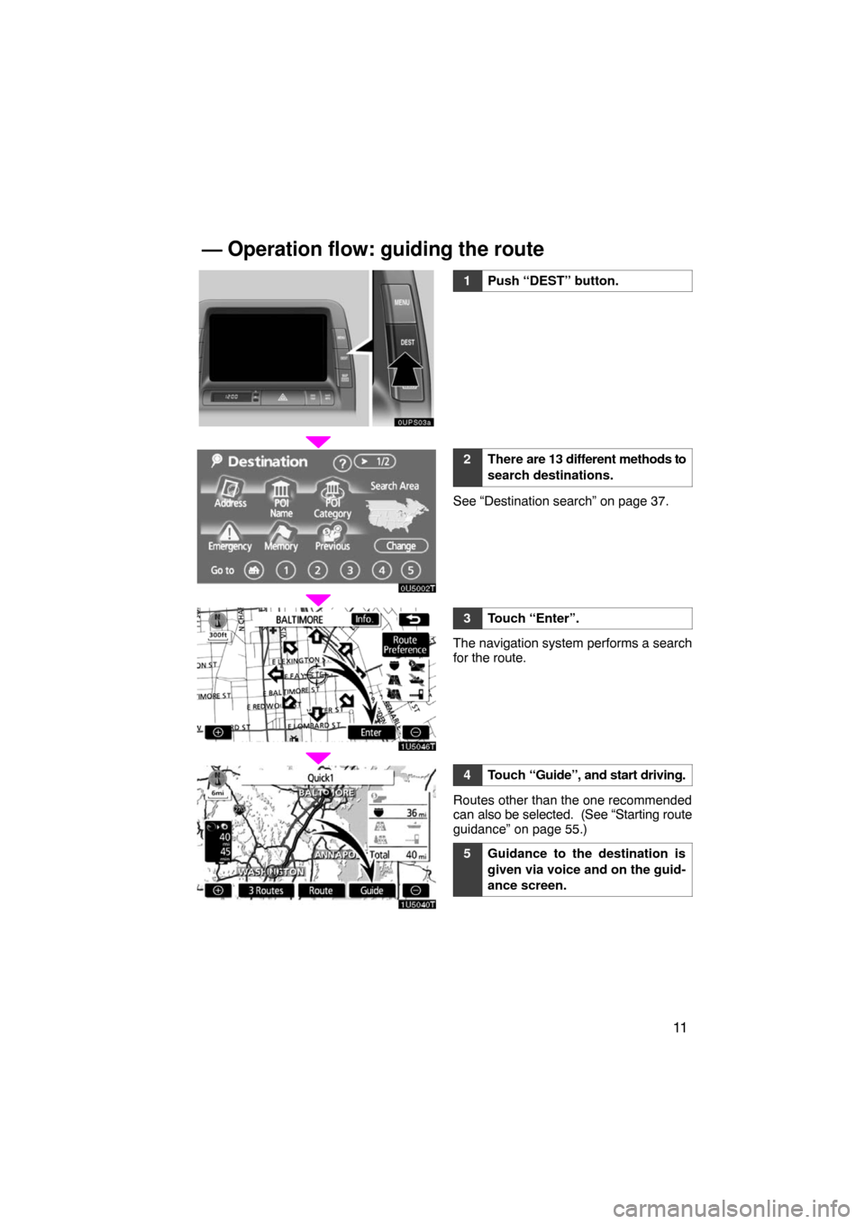 TOYOTA PRIUS 2008 2.G Navigation Manual 11
1Push “DEST” button.
2There are 13 different methods to
search destinations.
See “Destination search” on page 37.
3Touch “Enter”.
The navigation system performs a search
for the route.
