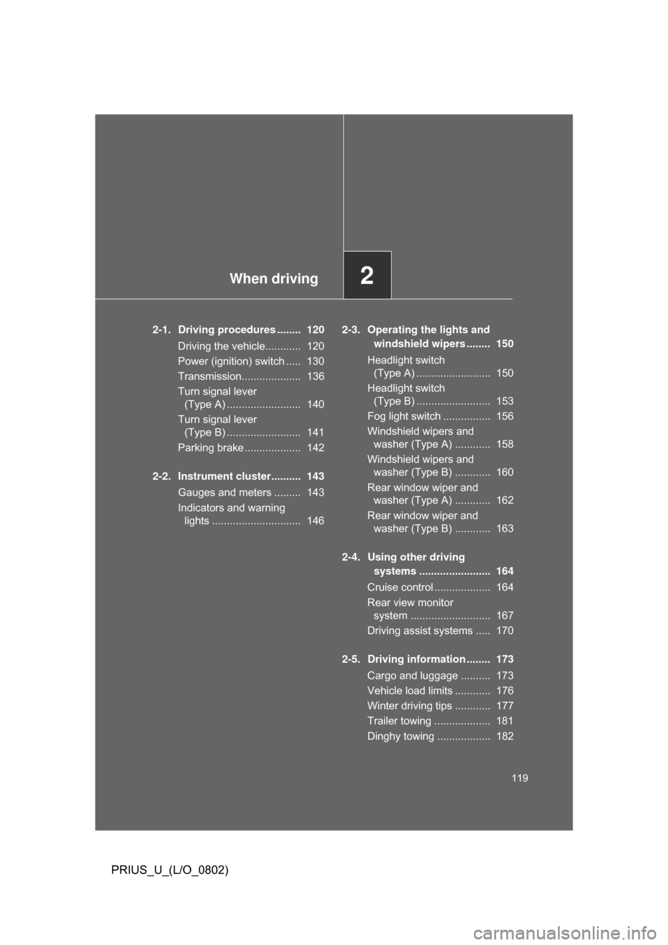 TOYOTA PRIUS 2008 2.G Owners Manual When driving2
119
PRIUS_U_(L/O_0802)
2-1. Driving procedures ........ 120Driving the vehicle............ 120
Power (ignition) switch ..... 130
Transmission.................... 136
Turn signal leve TOYOTA PRIUS 2008 2.G Owners Manual When driving2
119
PRIUS_U_(L/O_0802)
2-1. Driving procedures ........ 120Driving the vehicle............ 120
Power (ignition) switch ..... 130
Transmission.................... 136
Turn signal leve