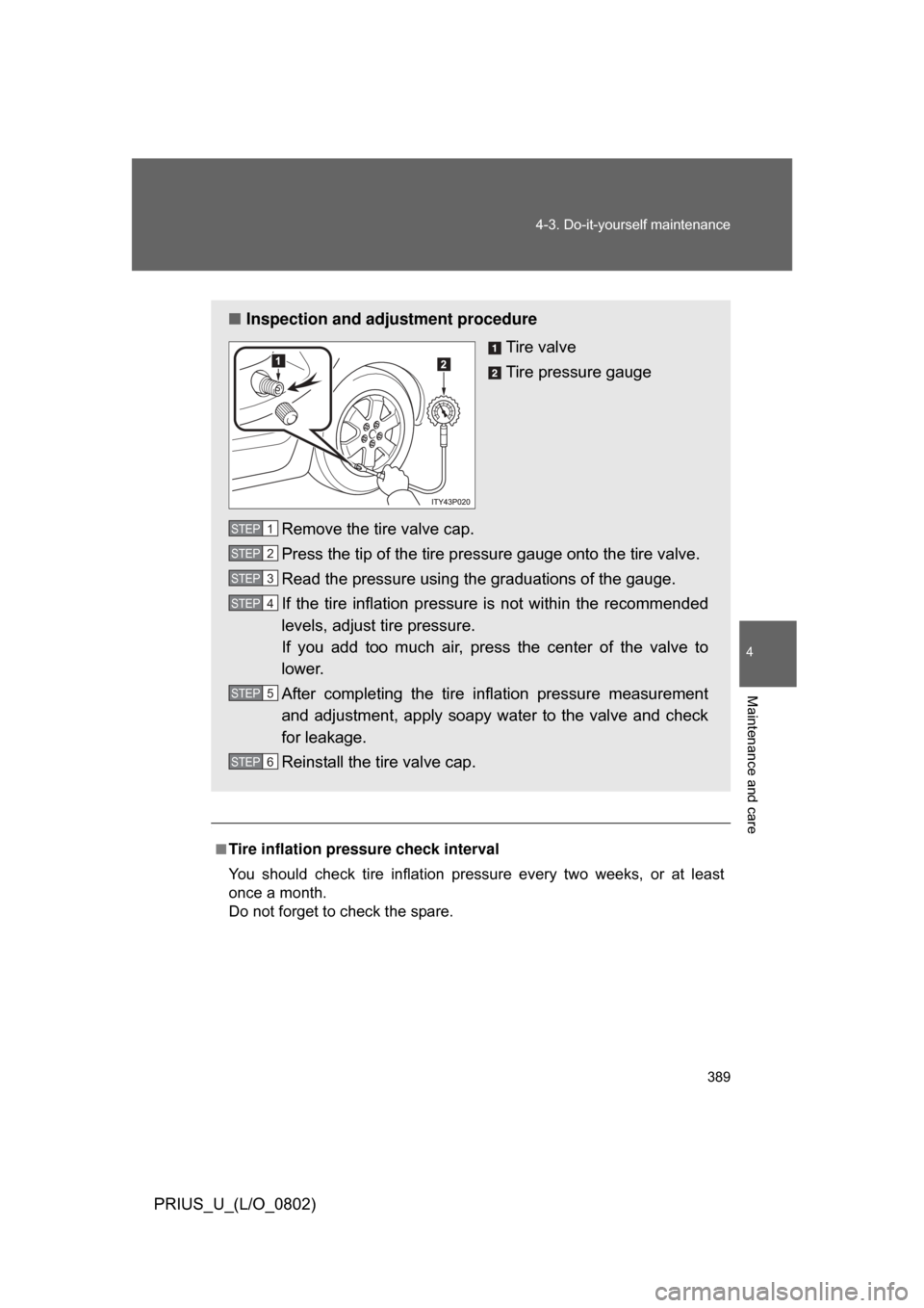 TOYOTA PRIUS 2008 2.G User Guide 389
4-3. Do-it-yourself maintenance
4
Maintenance and care
PRIUS_U_(L/O_0802)
.
■Tire inflation pressure check interval
You  should  check  tire  inflation  pressure  every  two  weeks,  or  at  lea