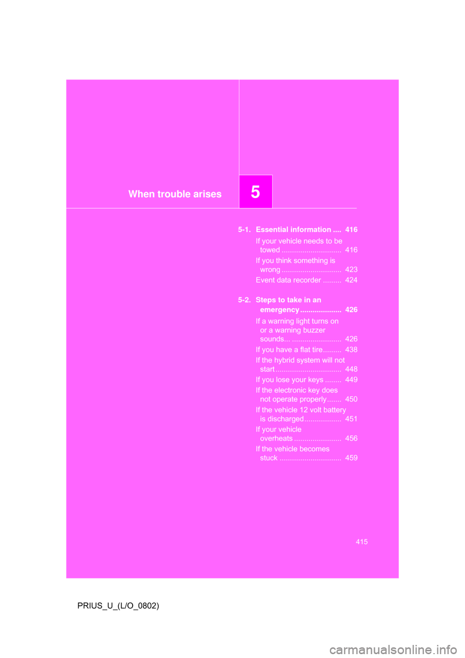 TOYOTA PRIUS 2008 2.G Owners Manual When trouble arises5
415
PRIUS_U_(L/O_0802)
5-1. Essential information ....  416If your vehicle needs to be towed .............................  416
If you think something is  wrong ..................