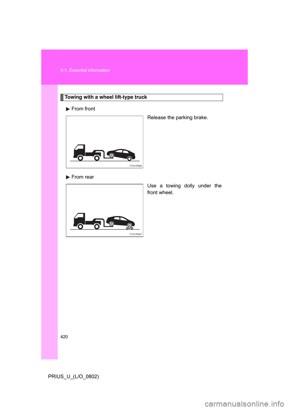 TOYOTA PRIUS 2008 2.G Owners Manual 420 5-1. Essential information
PRIUS_U_(L/O_0802)
Towing with a wheel lift-type truckFrom front Release the parking brake.
From rear Use  a  towing  dolly  under  the
front wheel.
ITY51P006
ITY51P007 