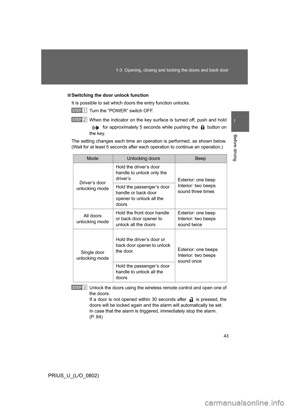 TOYOTA PRIUS 2008 2.G Service Manual 43
1-3. Opening, closing and locking the doors and back door
1
Before driving
PRIUS_U_(L/O_0802)
■
Switching the door unlock function
It is possible to set which doors the entry function unlocks.
T TOYOTA PRIUS 2008 2.G Service Manual 43
1-3. Opening, closing and locking the doors and back door
1
Before driving
PRIUS_U_(L/O_0802)
■
Switching the door unlock function
It is possible to set which doors the entry function unlocks.
T