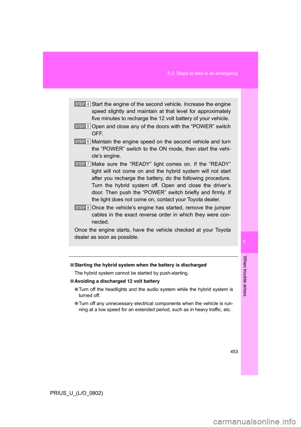 TOYOTA PRIUS 2008 2.G Owners Manual 5
When trouble arises
453
5-2. Steps to take in an emergency
PRIUS_U_(L/O_0802)
■
Starting the hybrid system when the battery is discharged
The hybrid system cannot be started by push-starting.
■ 