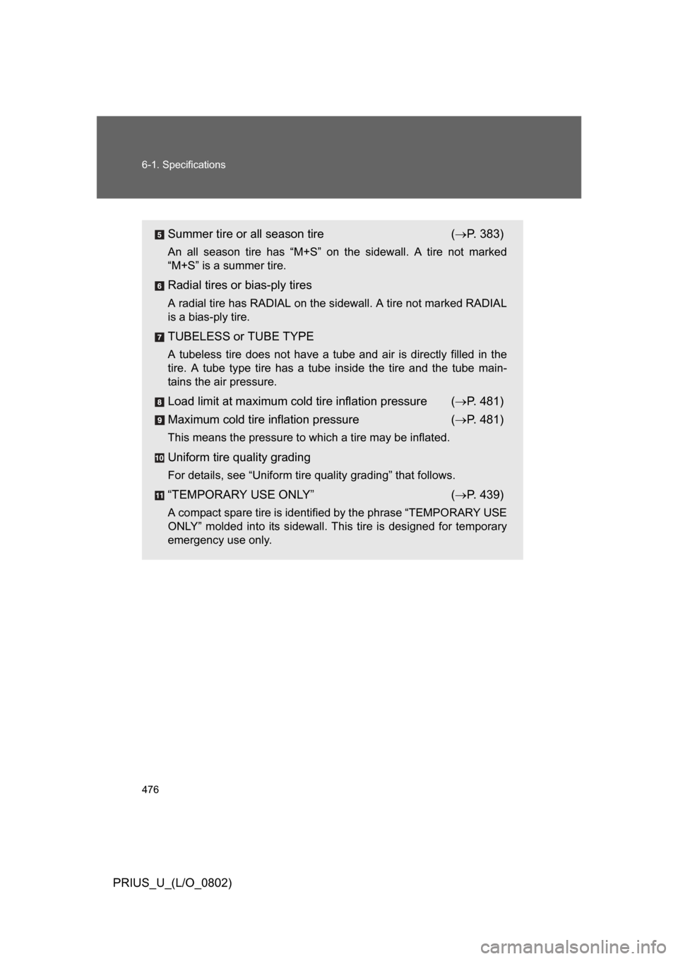 TOYOTA PRIUS 2008 2.G Owners Manual 476 6-1. Specifications
PRIUS_U_(L/O_0802)
Summer tire or all season tire ( P. 383)
An all season tire has “M+S” on the sidewall. A tire not marked
“M+S” is a summer tire.
Radia TOYOTA PRIUS 2008 2.G Owners Manual 476 6-1. Specifications
PRIUS_U_(L/O_0802)
Summer tire or all season tire ( P. 383)
An all season tire has “M+S” on the sidewall. A tire not marked
“M+S” is a summer tire.
Radia
