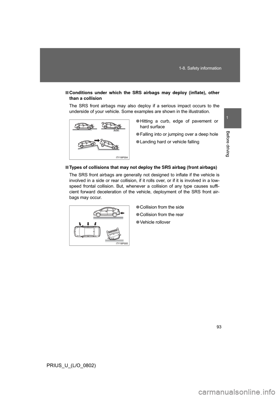 TOYOTA PRIUS 2008 2.G Owners Manual 93
1-8. Safety information
1
Before driving
PRIUS_U_(L/O_0802)
■
Conditions under which the SRS airbags may deploy (inflate), other
than a collision
The  SRS  front  airbags  may  also  deploy  if  