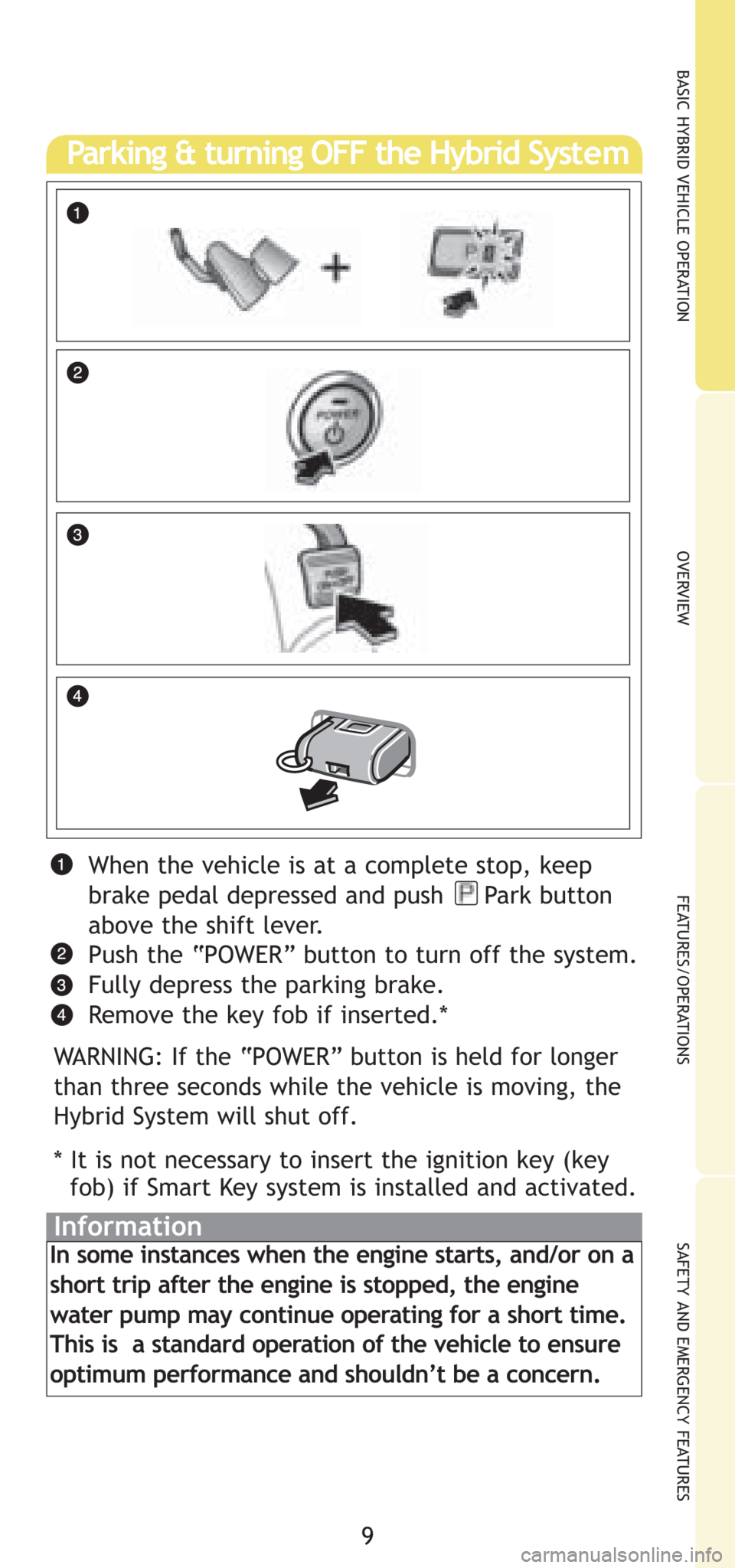 TOYOTA PRIUS 2008 2.G Quick Reference Guide 9
OVERVIEW BASIC HYBRID VEHICLE OPERATION
FEATURES/OPERATIONS
SAFETY AND EMERGENCY FEATURES
When the vehicle is at a complete stop, keep
brake pedal depressed and push     Park button
above the shift 