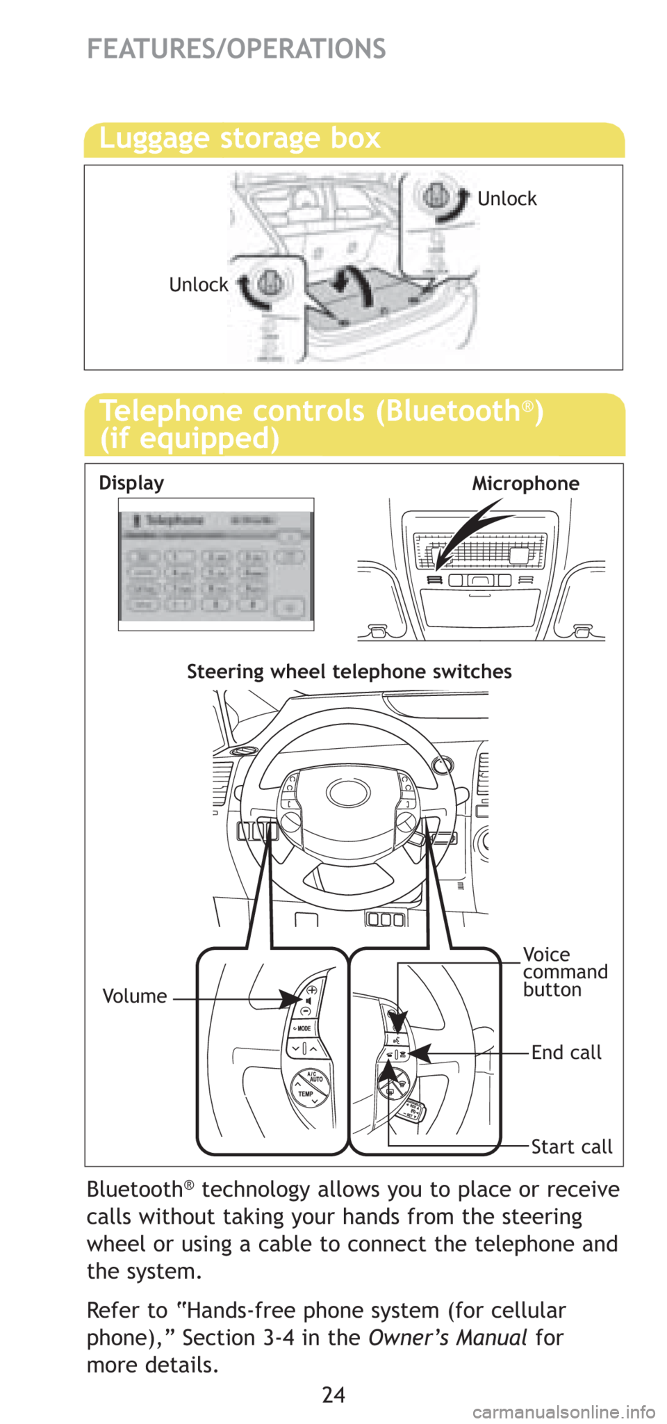 TOYOTA PRIUS 2008 2.G Quick Reference Guide 24
FEATURES/OPERATIONS
Luggage storage box
Unlock
Unlock
Bluetooth®technology allows you to place or receive
calls without taking your hands from the steering
wheel or using a cable to connect the te