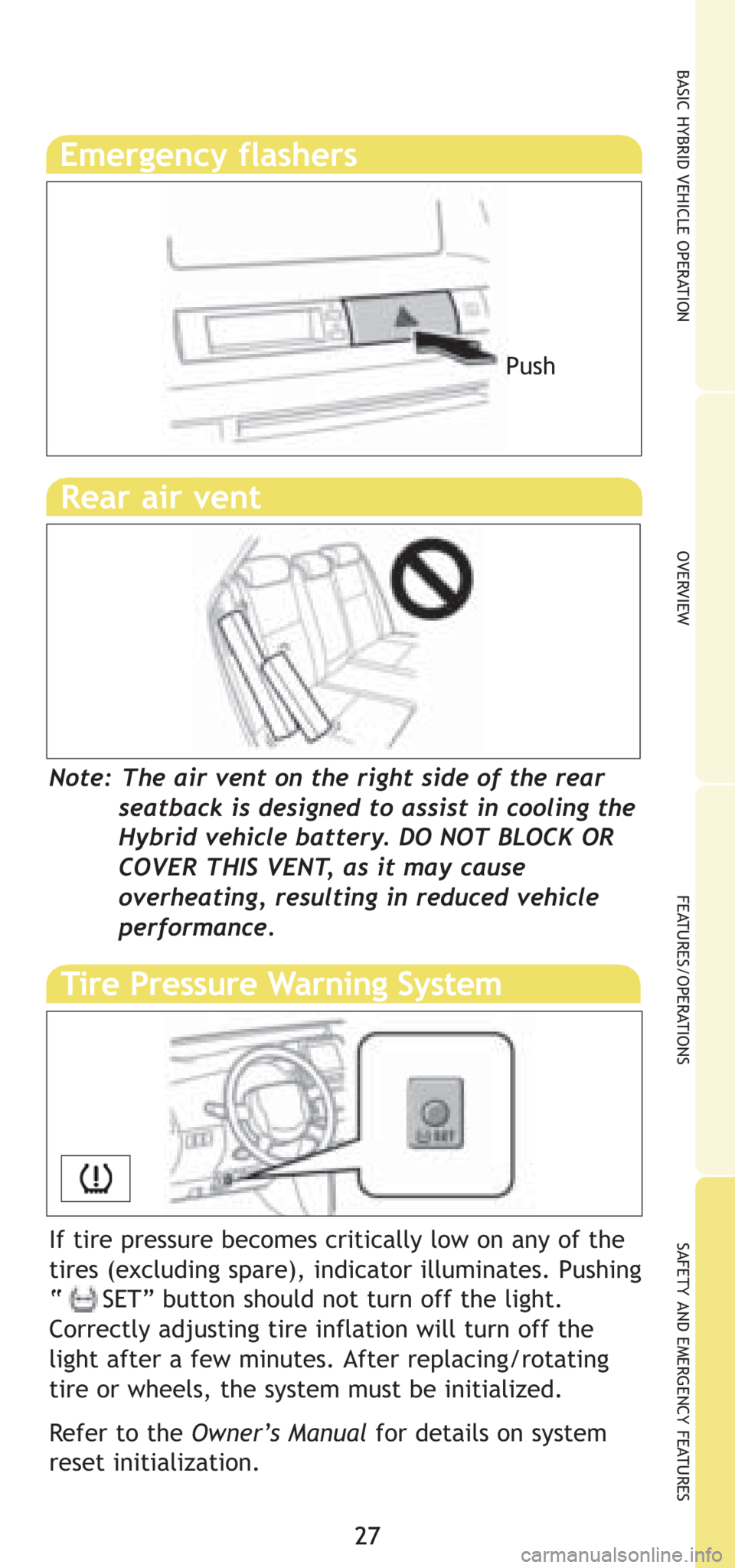 TOYOTA PRIUS 2008 2.G Quick Reference Guide 27
OVERVIEW BASIC HYBRID VEHICLE OPERATIONFEATURES/OPERATIONS SAFETY AND EMERGENCY FEATURES
27
Emergency flashers
Note: The air vent on the right side of the rear 
seatback is designed to assist in co