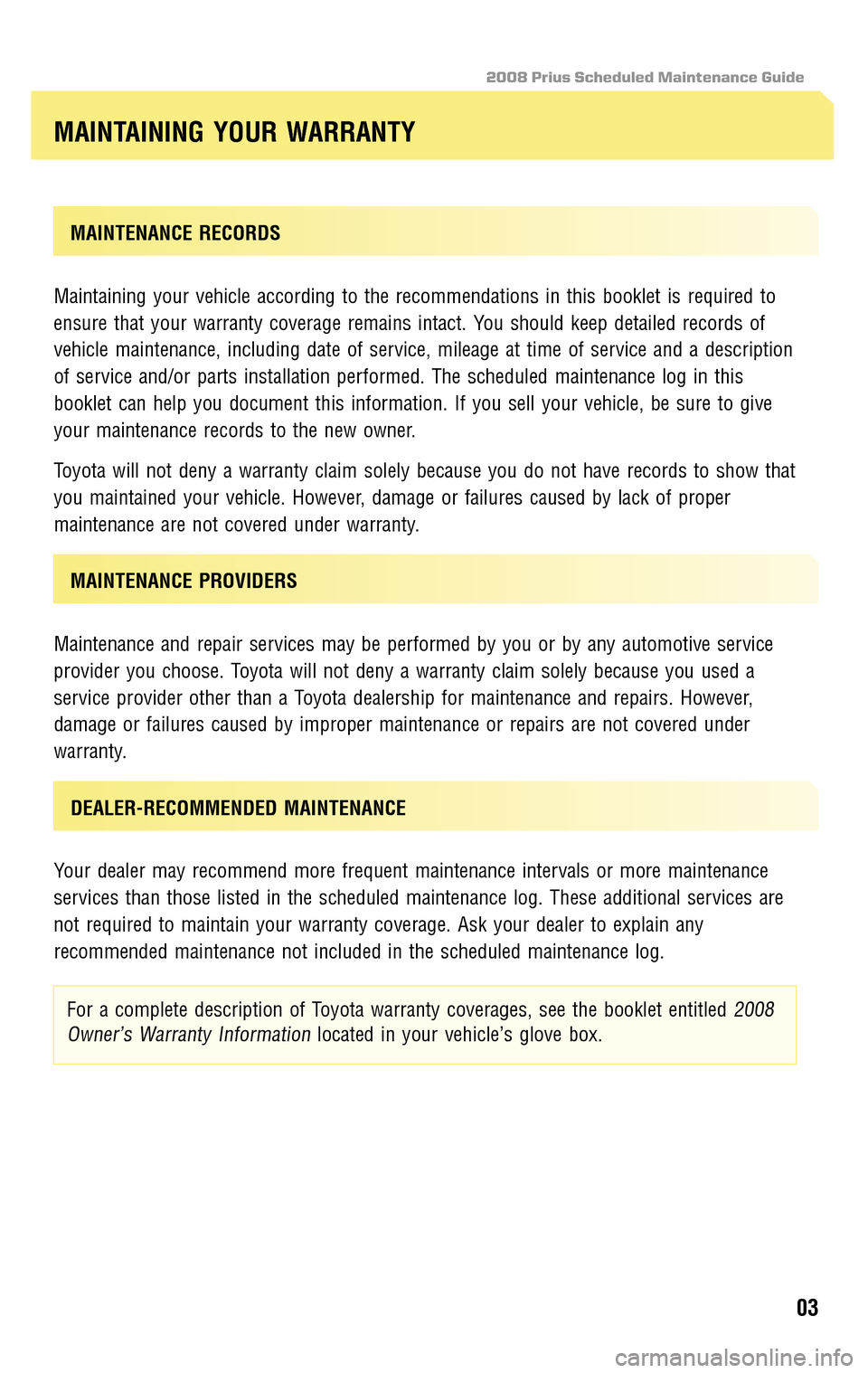 TOYOTA PRIUS 2008 2.G Scheduled Maintenance Guide 2008 Prius Scheduled Maintenance Guide
MAINTENANCE RECORDS 
Maintaining your vehicle according to the recommendations in this booklet is required to 
ensure that your warranty coverage remains intact