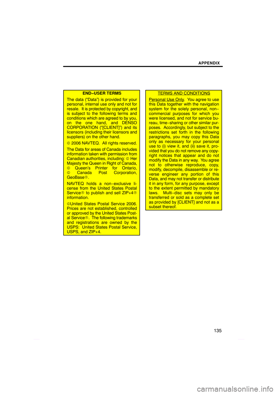 TOYOTA PRIUS 2009 2.G Navigation Manual APPENDIX
135
END�USER TERMS
The data (“Data”) is provided for your
personal, internal use only and not for
resale.  It is  protected by copyright, and
is subject to the following terms and
conditi
