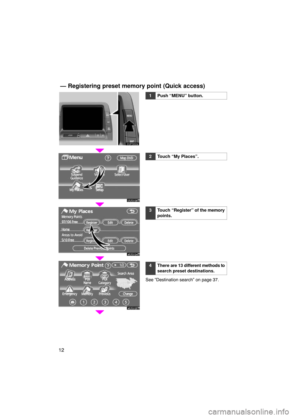 TOYOTA PRIUS 2009 2.G Navigation Manual 12
1Push “MENU” button.
2Touch “My Places”.
3Touch “Register” of the  memory
points.
4There  are 13 different methods to
search preset destinations.
See “Destination search” on page 37