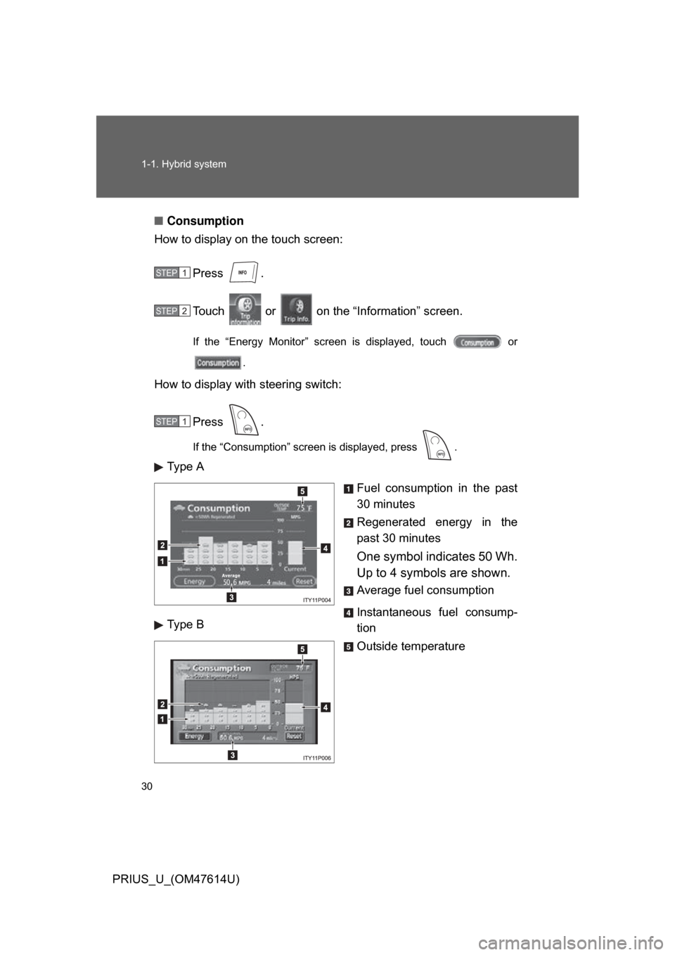 TOYOTA PRIUS 2009 2.G Owners Manual 30 1-1. Hybrid system
PRIUS_U_(OM47614U)■
Consumption
How to display on the touch screen:
Press  .
Touch   or   on the “Information” screen.
If  the  “Energy  Monitor”  screen  is  displayed
