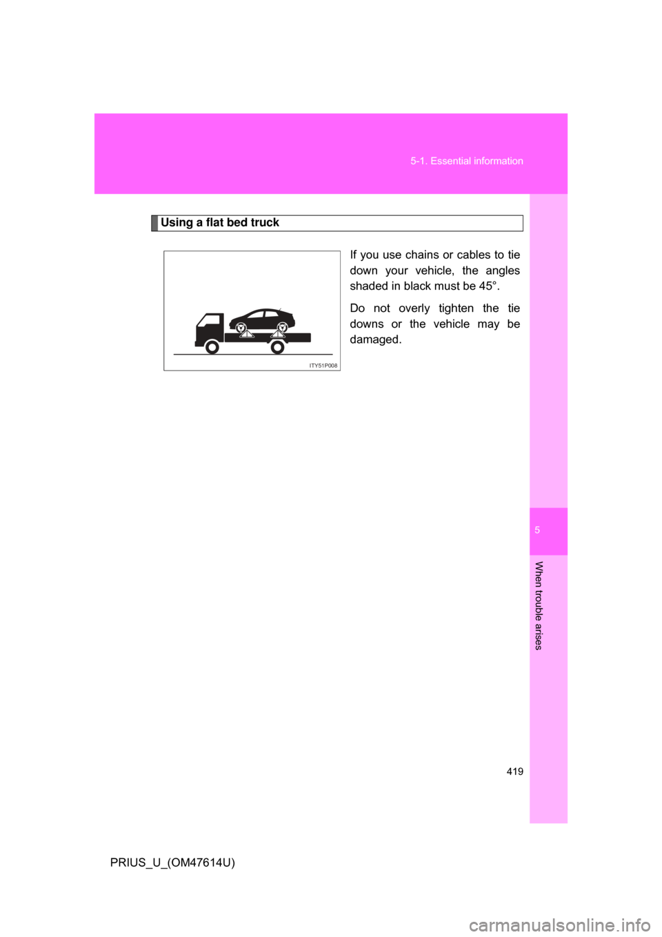 TOYOTA PRIUS 2009 2.G Owners Manual 5
When trouble arises
419
5-1. Essential information
PRIUS_U_(OM47614U)
Using a flat bed truck
If you use chains or cables to tie
down  your  vehicle,  the  angles
shaded in black must be 45°.
Do  no