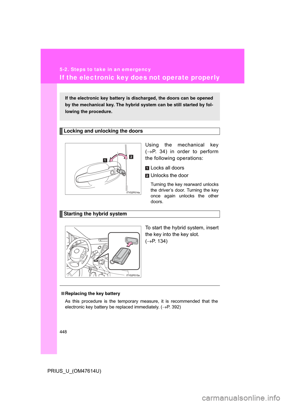 TOYOTA PRIUS 2009 2.G Owners Manual 448
5-2. Steps to take in an emergency
PRIUS_U_(OM47614U)
If the electronic key does not operate properly
Locking and unlocking the doorsUsing the mechanical key
( P. 34) in order to perfor TOYOTA PRIUS 2009 2.G Owners Manual 448
5-2. Steps to take in an emergency
PRIUS_U_(OM47614U)
If the electronic key does not operate properly
Locking and unlocking the doorsUsing the mechanical key
( P. 34) in order to perfor