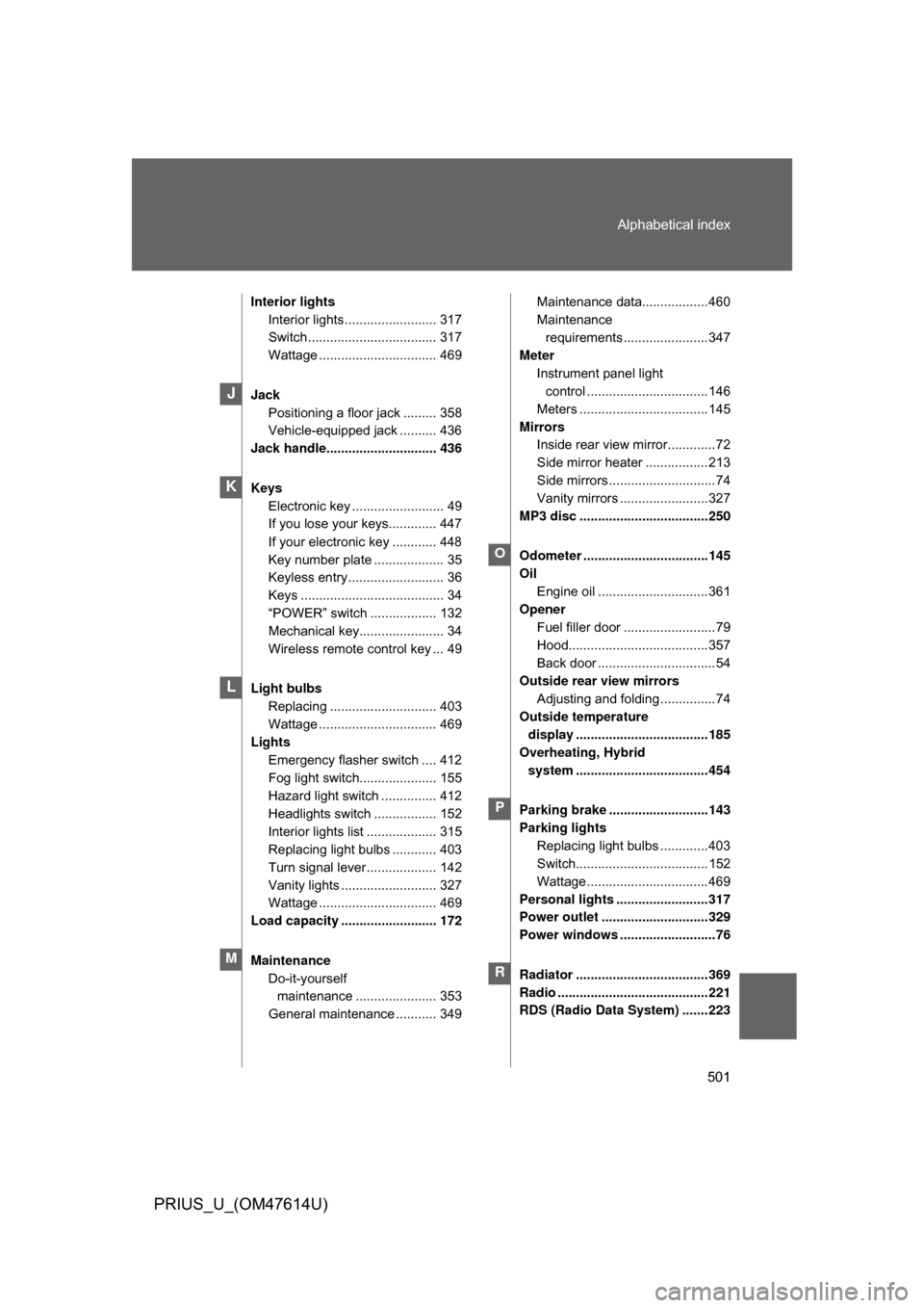 TOYOTA PRIUS 2009 2.G Owners Manual 501
Alphabetical index
PRIUS_U_(OM47614U)
Interior lights
Interior lights ......................... 317
Switch ................................... 317
Wattage ................................ 469
Jack