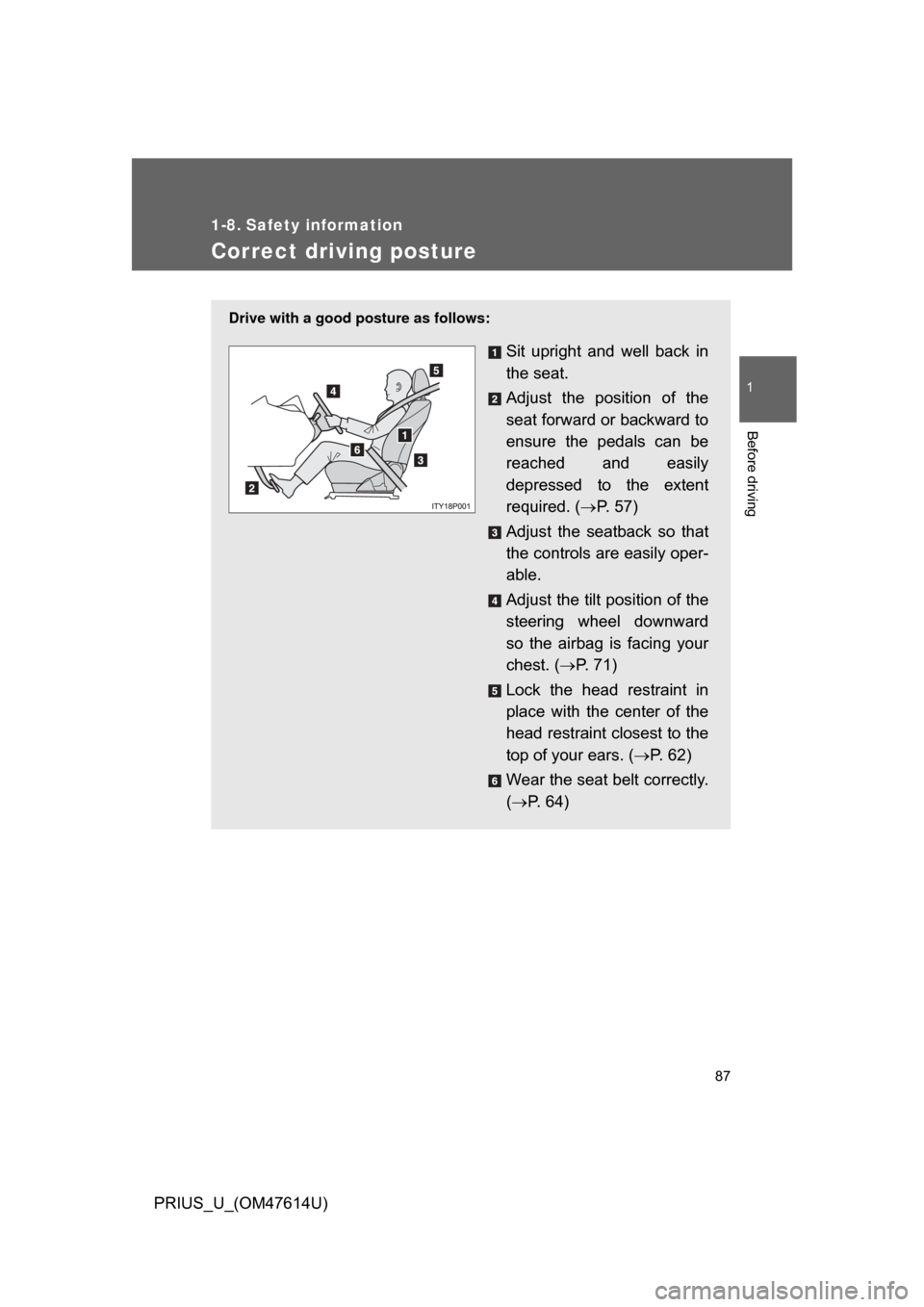TOYOTA PRIUS 2009 2.G Owners Manual 87
1
Before driving
PRIUS_U_(OM47614U)
1-8. Safety information
Correct driving posture
Drive with a good posture as follows:
Sit  upright  and  well  back  in
the seat.
Adjust  the  position  of  the
