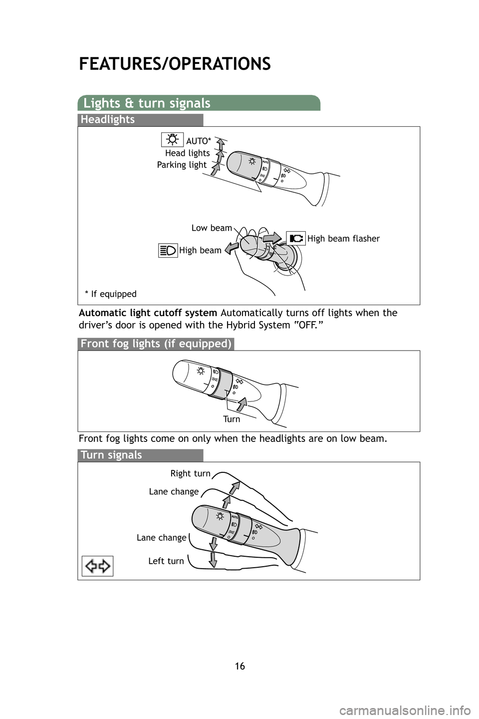 TOYOTA PRIUS 2009 2.G Quick Reference Guide 16
FEATURES/OPERAT IONS
Lights & turn signals
Headlights
Automatic light cutoff system  Automatically turns off lights when the
driver’s door is opened with the  Hybrid System “OFF.” 
Turn signa