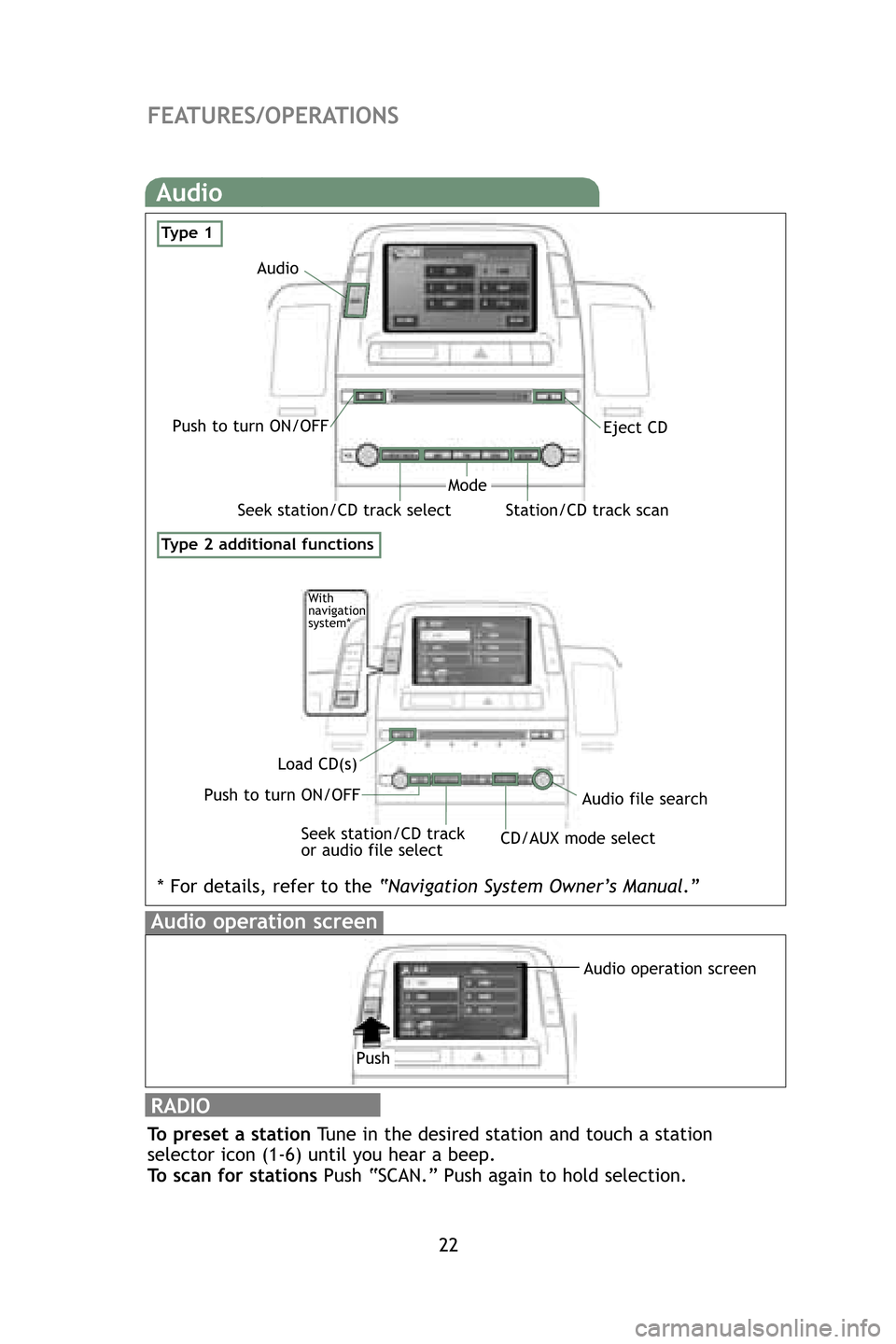 TOYOTA PRIUS 2009 2.G Quick Reference Guide 22
FEATURES/OPERAT IONS
RADIO
To preset a station Tune in the desired station and touch a station
selector icon (1-6) until you hear a beep.
To scan for stations Push “SCAN.” Push again to hold TOYOTA PRIUS 2009 2.G Quick Reference Guide 22
FEATURES/OPERAT IONS
RADIO
To preset a station Tune in the desired station and touch a station
selector icon (1-6) until you hear a beep.
To scan for stations Push “SCAN.” Push again to hold