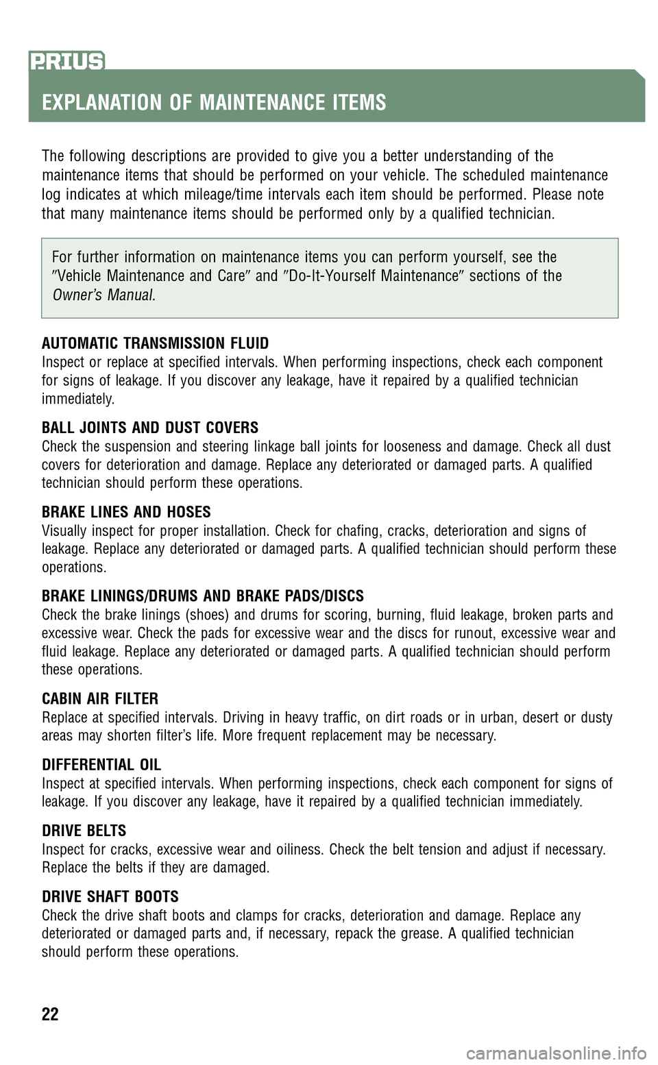 TOYOTA PRIUS 2009 2.G Scheduled Maintenance Guide 