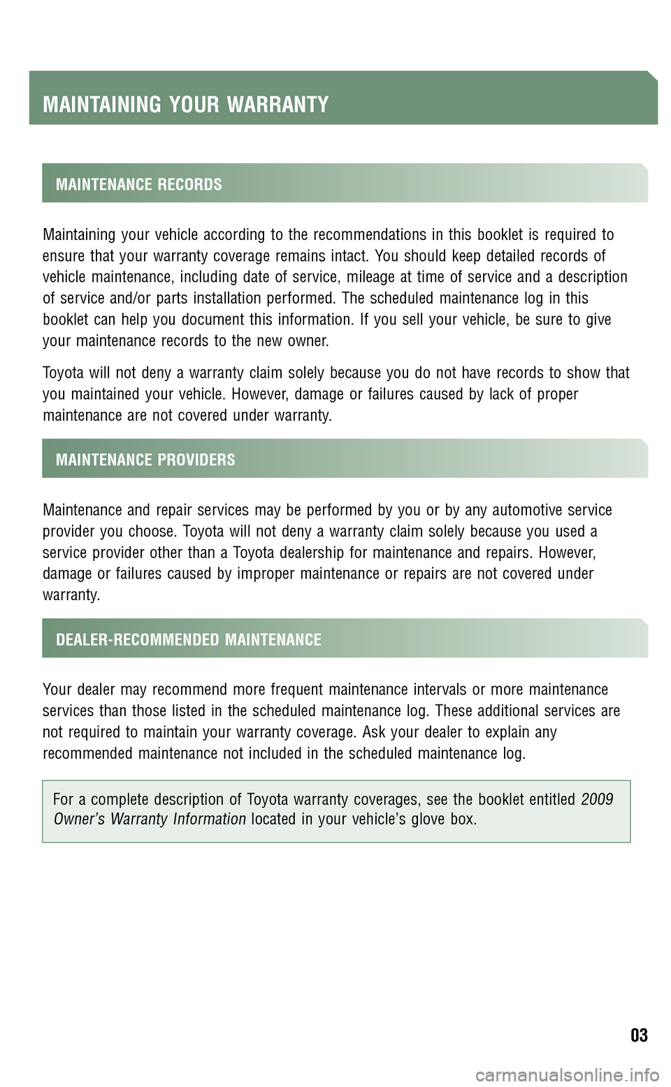 TOYOTA PRIUS 2009 2.G Scheduled Maintenance Guide 