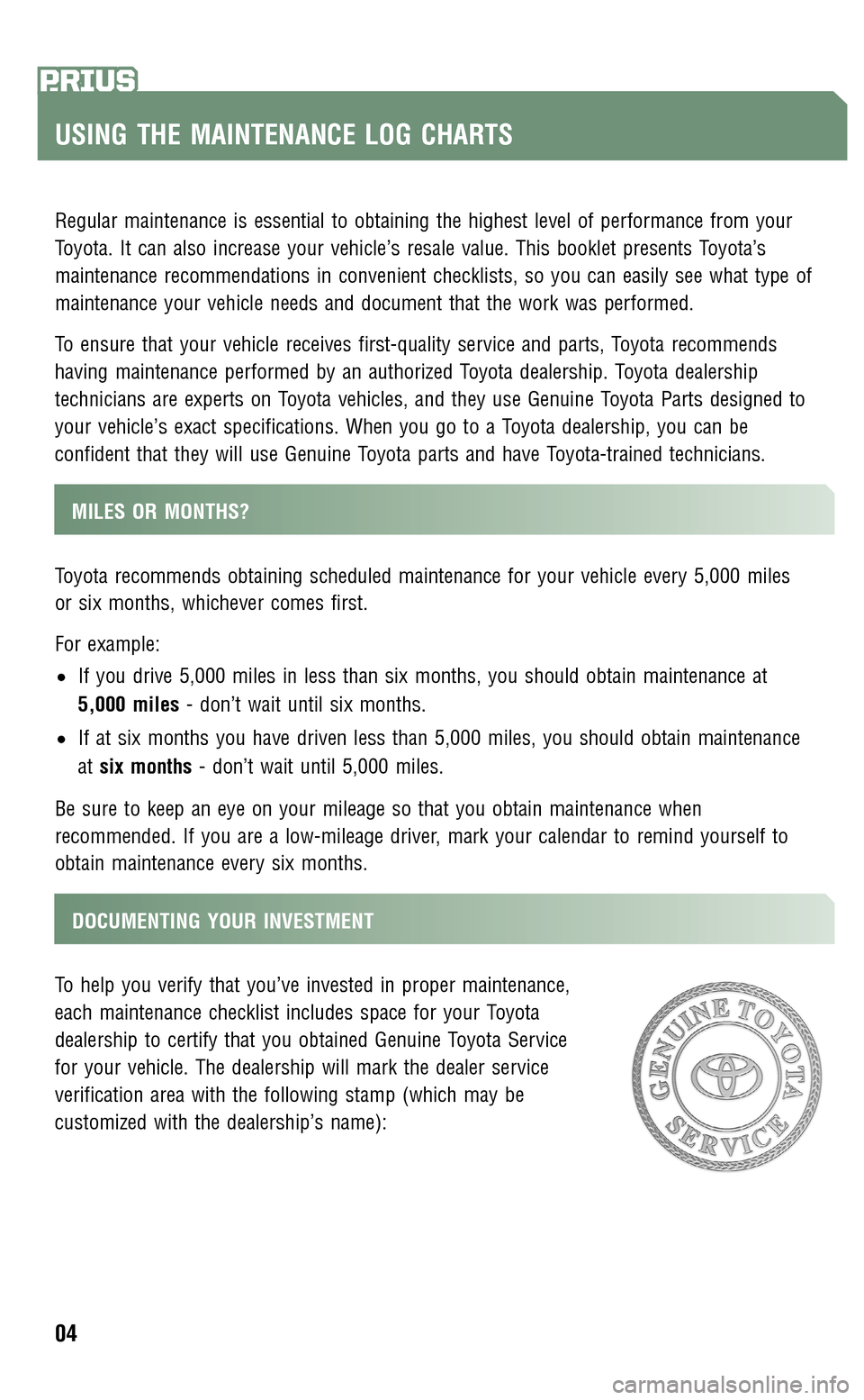 TOYOTA PRIUS 2009 2.G Scheduled Maintenance Guide TOYOTA PRIUS 2009 2.G Scheduled Maintenance Guide