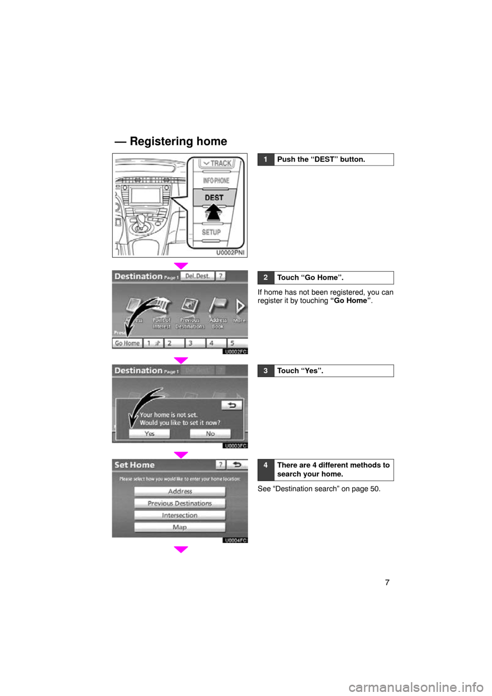 TOYOTA PRIUS 2010 3.G Navigation Manual 7
1Push the “DEST” button.
2Touch “Go Home”.
If home has not been registered, you can
register it by touching “Go Home”.
3Touch “Yes”.
4There are 4 different methods to
search your hom
