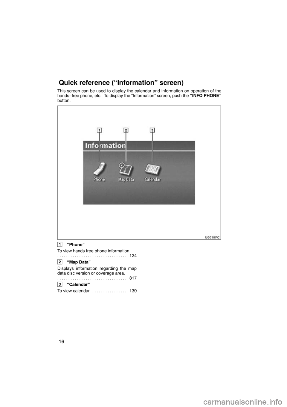 TOYOTA PRIUS 2010 3.G Navigation Manual 16
This screen can be used to display the calendar and information on opera\
tion of the
hands−free phone, etc.  To display the “Information” screen, push the  “INFO·PHONE”
button.
1“Phon