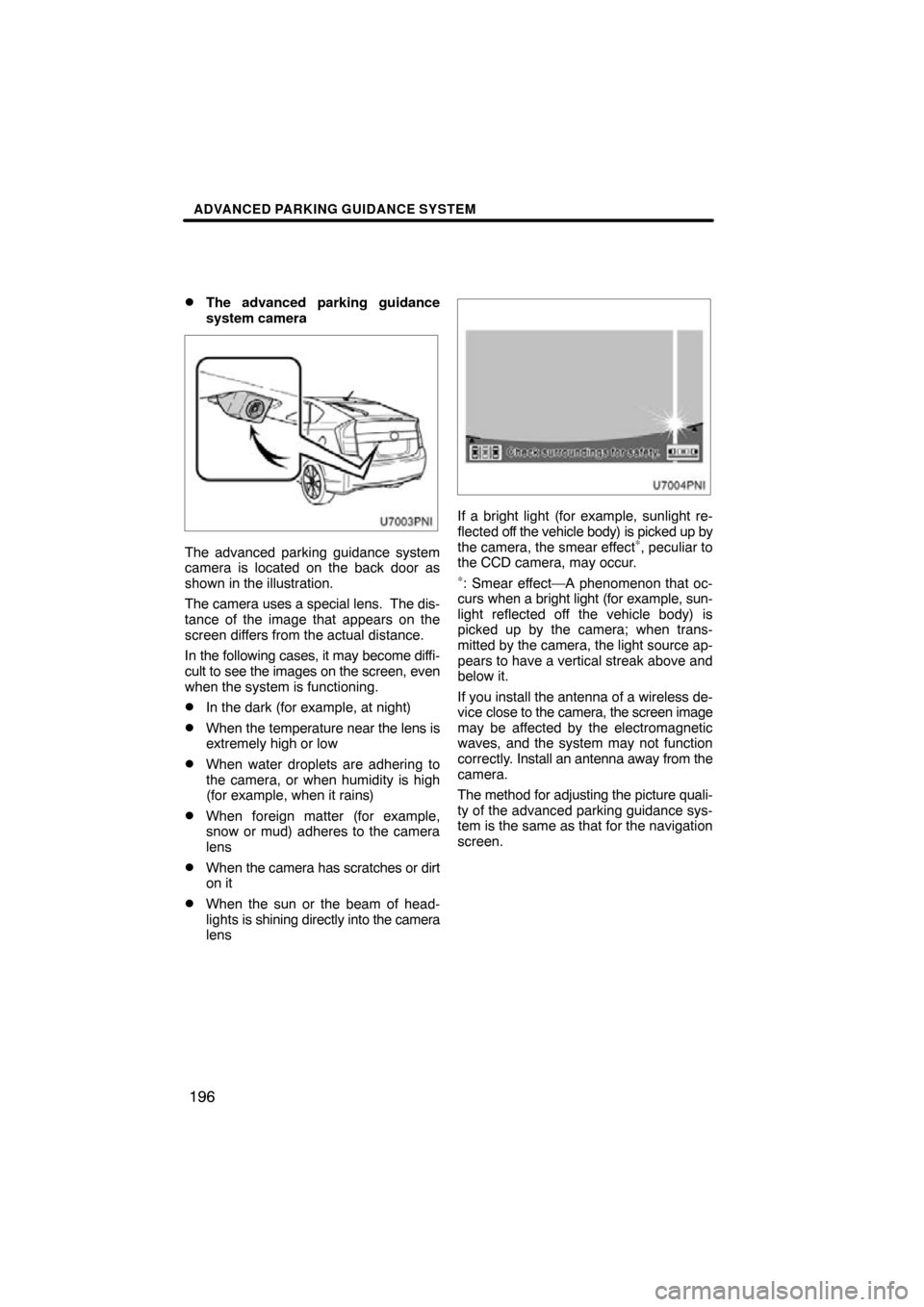 TOYOTA PRIUS 2010 3.G Navigation Manual ADVANCED PARKING GUIDANCE SYSTEM
196

The advanced parking guidance
system camera
The advanced parking guidance system
camera is located on the back door as
shown in the illustration.
The camera uses
