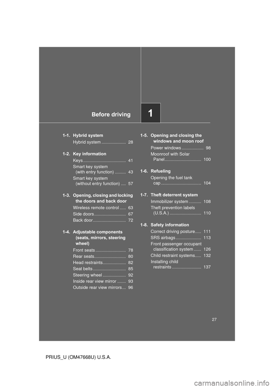 TOYOTA PRIUS 2010 3.G Owners Manual Before driving1
27
PRIUS_U (OM47668U) U.S.A.
1-1. Hybrid systemHybrid system .................... 28
1-2. Key information Keys ................................... 41
Smart key system (with entry TOYOTA PRIUS 2010 3.G Owners Manual Before driving1
27
PRIUS_U (OM47668U) U.S.A.
1-1. Hybrid systemHybrid system .................... 28
1-2. Key information Keys ................................... 41
Smart key system (with entry