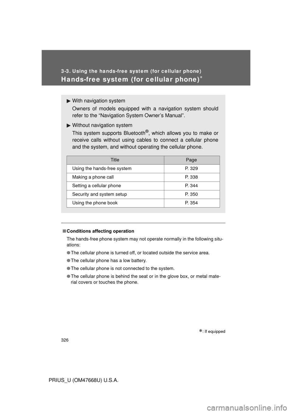 TOYOTA PRIUS 2010 3.G Owners Manual 326
PRIUS_U (OM47668U) U.S.A.
3-3. Using the hands-free system (for cellular phone)
Hands-free system (for cellular phone)
: If equipped
■Conditions affecting operation
The hands-free phone sy