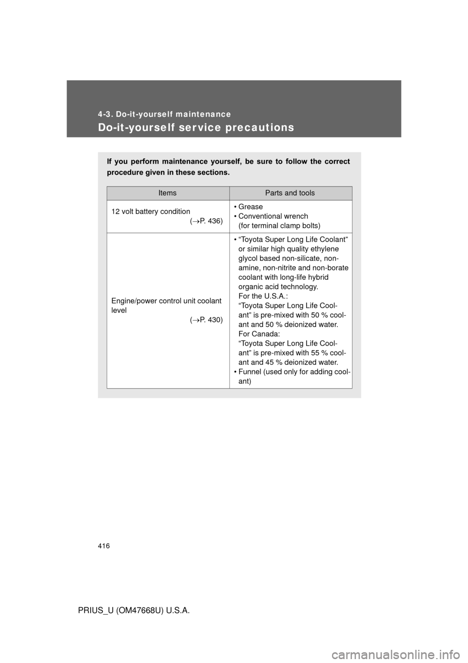 TOYOTA PRIUS 2010 3.G Owners Manual 416
PRIUS_U (OM47668U) U.S.A.
4-3. Do-it-yourself maintenance
Do-it-yourself ser vice precautions
If  you  perform  maintenance  yourself,  be  sure  to  follow  the  correct 
procedure given in these