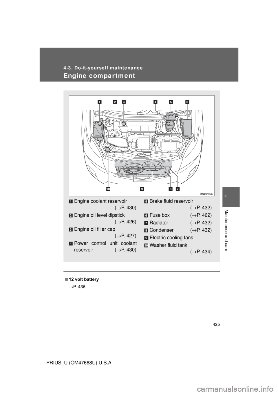 TOYOTA PRIUS 2010 3.G Owners Manual 425
4-3. Do-it-yourself maintenance
4
Maintenance and care
PRIUS_U (OM47668U) U.S.A.
Engine compar tment
■12 volt battery
 P. 436
Engine coolant reservoir 
(  P. 430)
Engine oil level dipst