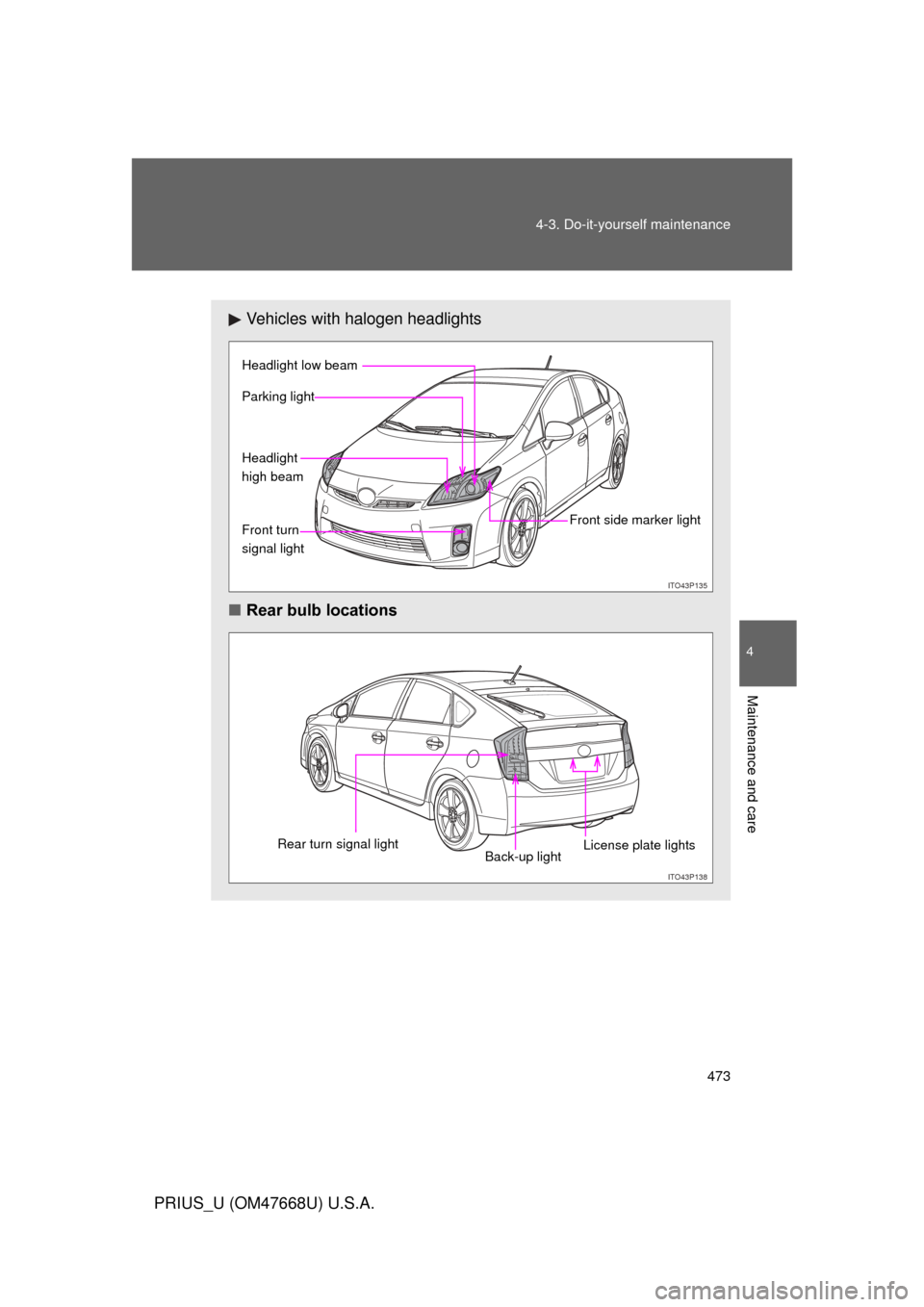 TOYOTA PRIUS 2010 3.G Owners Manual 473
4-3. Do-it-yourself maintenance
4
Maintenance and care
PRIUS_U (OM47668U) U.S.A.
Vehicles with halogen headlights
■ Rear bulb locations
ITO43P13R
Headlight low beam
Front turn  
signal light

