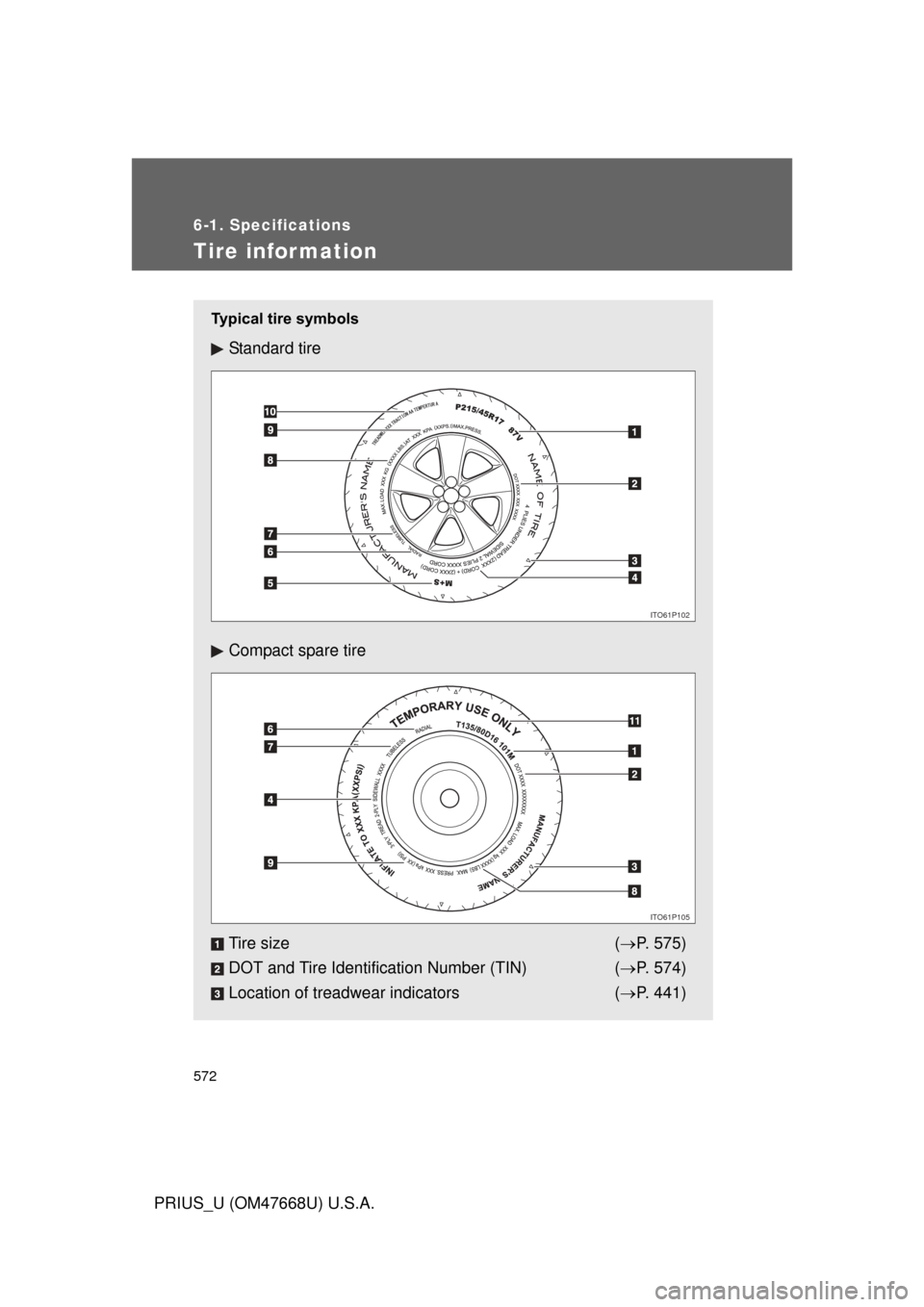 TOYOTA PRIUS 2010 3.G Owners Manual 572
6-1. Specifications
PRIUS_U (OM47668U) U.S.A.
Tire infor mation
Typical tire symbols
Standard tire
Compact spare tire
Tire size (P. 575)
DOT and Tire Identification Number (TIN) ( P. 574)
Lo TOYOTA PRIUS 2010 3.G Owners Manual 572
6-1. Specifications
PRIUS_U (OM47668U) U.S.A.
Tire infor mation
Typical tire symbols
Standard tire
Compact spare tire
Tire size (P. 575)
DOT and Tire Identification Number (TIN) ( P. 574)
Lo