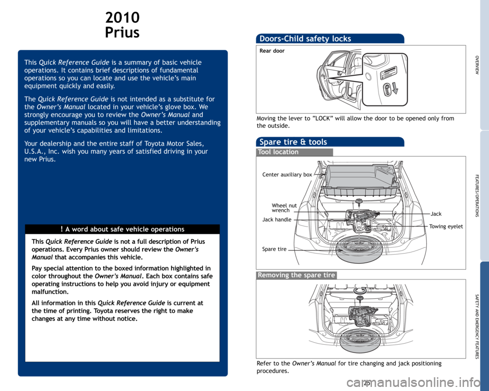 TOYOTA PRIUS 2010 3.G Quick Reference Guide 2010
Prius
!A word about safe vehicle operations ThisQuick Reference Guideis a summary of basic vehicle
operations. It contains brief descriptions of fundamental
operations so you can locate and use t TOYOTA PRIUS 2010 3.G Quick Reference Guide 2010
Prius
!A word about safe vehicle operations ThisQuick Reference Guideis a summary of basic vehicle
operations. It contains brief descriptions of fundamental
operations so you can locate and use t