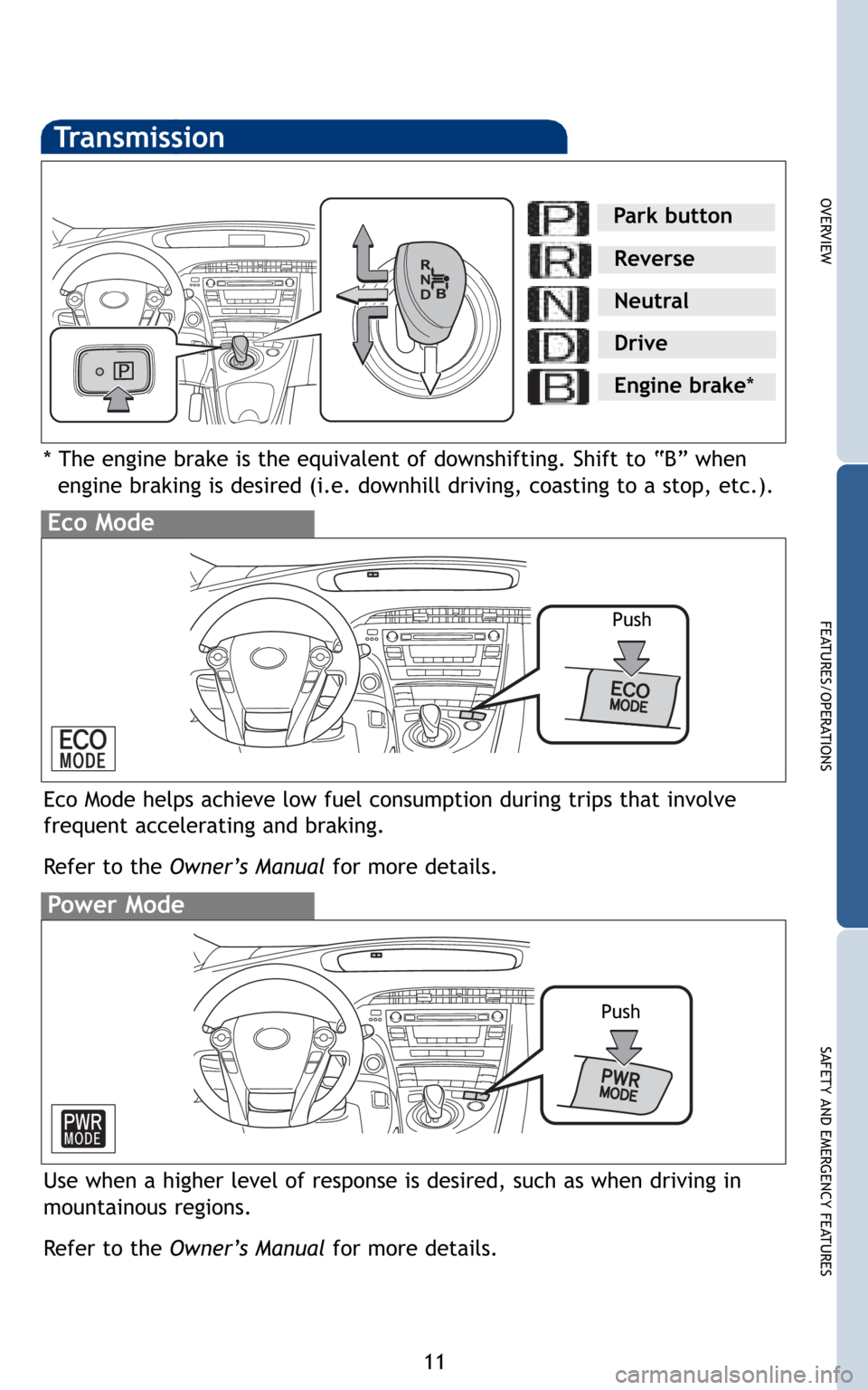 TOYOTA PRIUS 2010 3.G Quick Reference Guide 11
OVERVIEW
FEATURES/OPERATIONS
SAFETY AND EMERGENCY FEATURES
Transmission
* The engine brake is the equivalent of downshifting. Shift to “B” when
engine braking is desired (i.e. downhill driving, TOYOTA PRIUS 2010 3.G Quick Reference Guide 11
OVERVIEW
FEATURES/OPERATIONS
SAFETY AND EMERGENCY FEATURES
Transmission
* The engine brake is the equivalent of downshifting. Shift to “B” when
engine braking is desired (i.e. downhill driving,