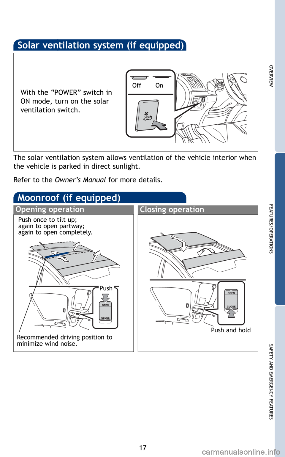 TOYOTA PRIUS 2010 3.G Quick Reference Guide 17
OVERVIEW
FEATURES/OPERATIONS
SAFETY AND EMERGENCY FEATURES
Solar ventilation system (if equipped)
With the “POWER” switch in
ON mode, turn on the solar
ventilation switch.
The solar ventilation