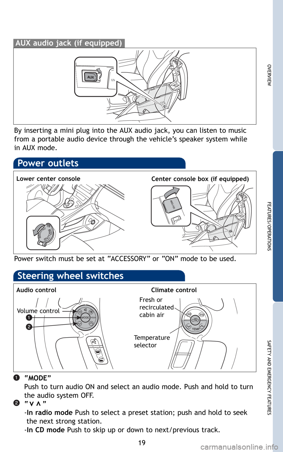 TOYOTA PRIUS 2010 3.G Quick Reference Guide 19
OVERVIEW
FEATURES/OPERATIONS
SAFETY AND EMERGENCY FEATURES
By inserting a mini plug into the AUX audio jack, you can listen to music
from a portable audio device through the vehicle’s speaker sys