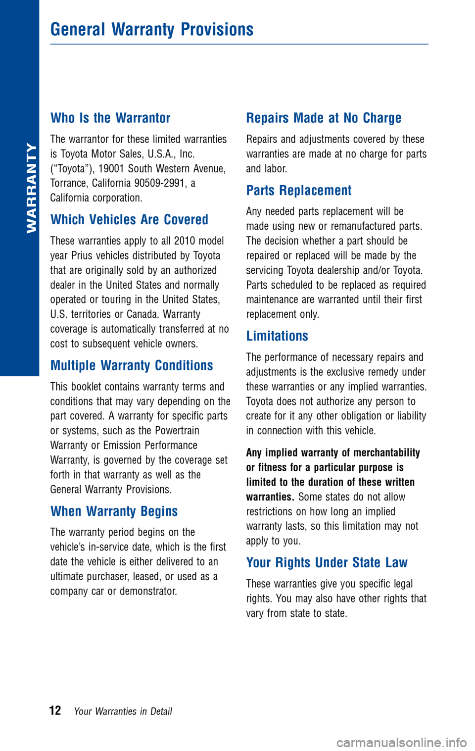 TOYOTA PRIUS 2010 3.G Warranty And Maintenance Guide TOYOTA PRIUS 2010 3.G Warranty And Maintenance Guide