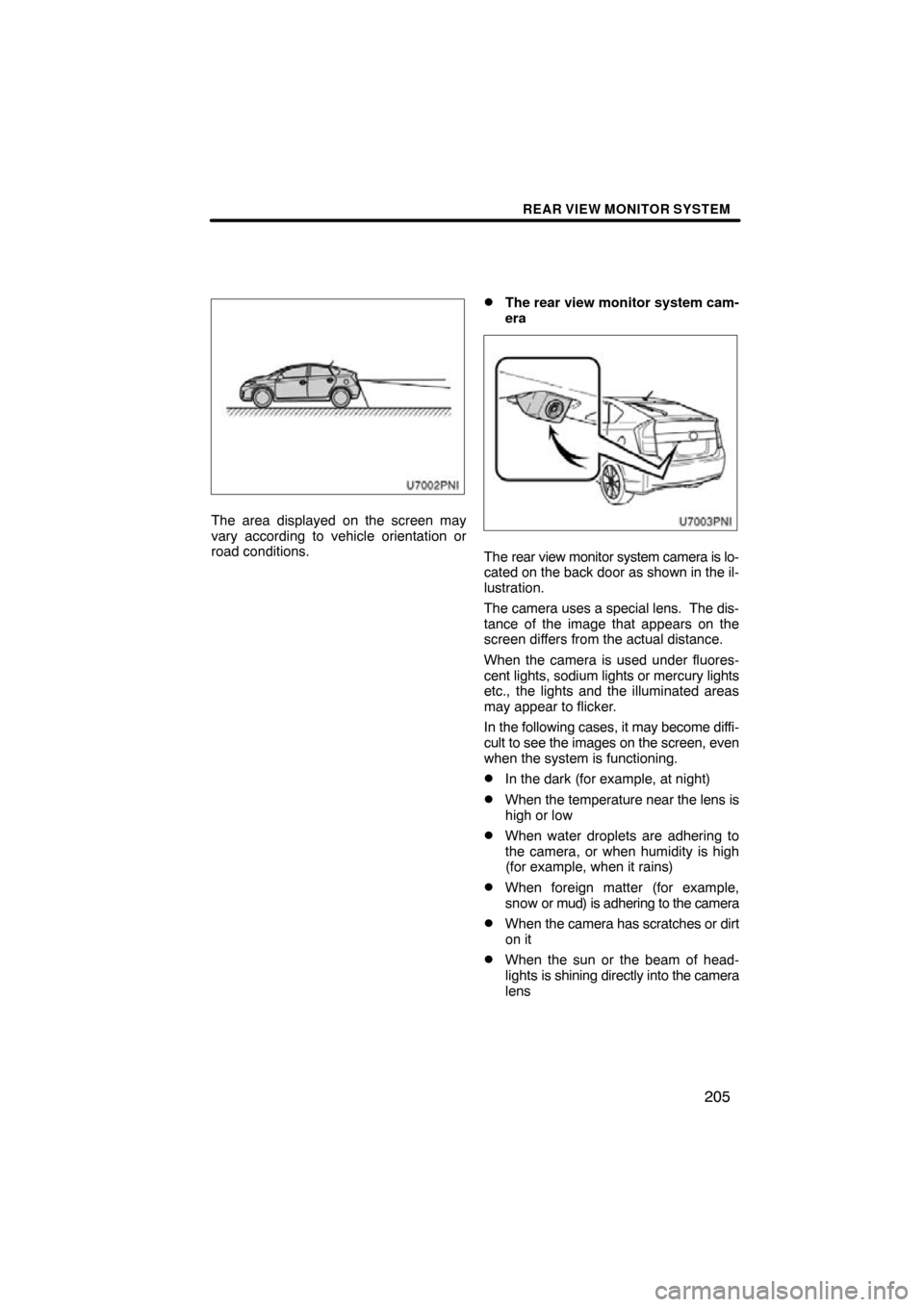 TOYOTA PRIUS 2011 3.G Navigation Manual REAR VIEW MONITOR SYSTEM
205
The area displayed on the screen may
vary according to vehicle orientation or
road conditions.
The rear view monitor system cam-
era
The rear view monitor system camera i