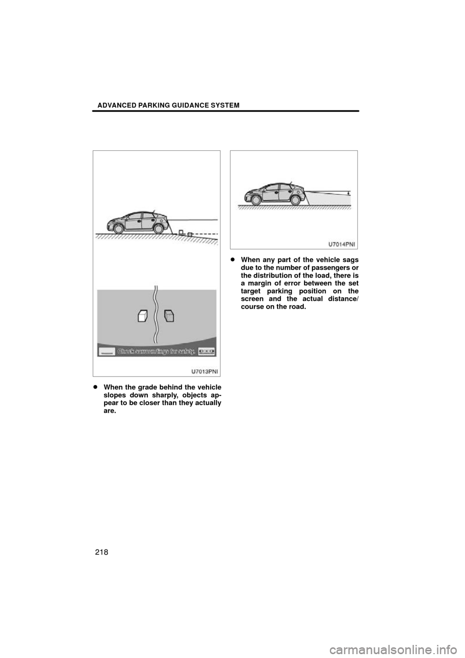 TOYOTA PRIUS 2011 3.G Navigation Manual ADVANCED PARKING GUIDANCE SYSTEM
218
When the grade behind the vehicle
slopes down sharply, objects ap-
pear to be closer than they actually
are.
When any part of the vehicle sags
due to the number 