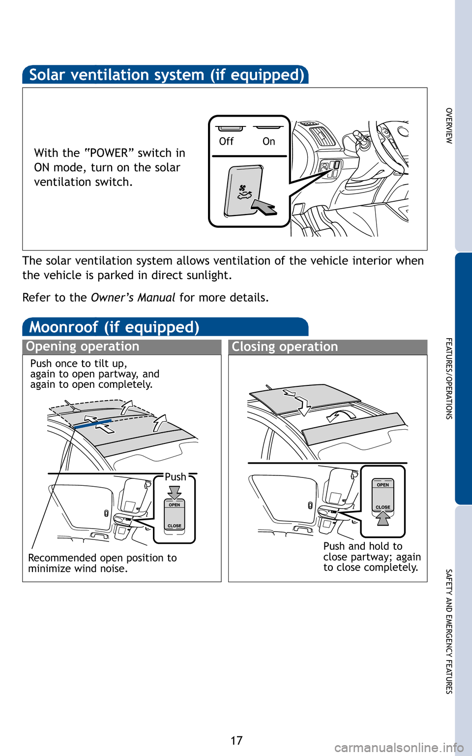 TOYOTA PRIUS 2011 3.G Quick Reference Guide 17
OVERVIEW
FEATURES/OPERATIONS
SAFETY AND EMERGENCY FEATURES
Solar ventilation system (if equipped)
With the “POWER” switch in
ON mode, turn on the solar
ventilation switch.
The solar ventilat TOYOTA PRIUS 2011 3.G Quick Reference Guide 17
OVERVIEW
FEATURES/OPERATIONS
SAFETY AND EMERGENCY FEATURES
Solar ventilation system (if equipped)
With the “POWER” switch in
ON mode, turn on the solar
ventilation switch.
The solar ventilat