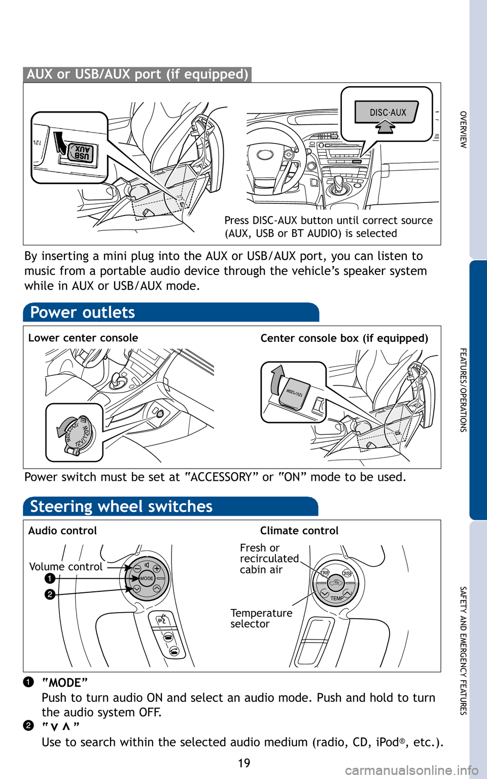 TOYOTA PRIUS 2011 3.G Quick Reference Guide 19
OVERVIEW
FEATURES/OPERATIONS
SAFETY AND EMERGENCY FEATURES
By inserting a mini plug into the AUX or USB/AUX port, you can listen to
music from a portable audio device through the vehicle’s speak TOYOTA PRIUS 2011 3.G Quick Reference Guide 19
OVERVIEW
FEATURES/OPERATIONS
SAFETY AND EMERGENCY FEATURES
By inserting a mini plug into the AUX or USB/AUX port, you can listen to
music from a portable audio device through the vehicle’s speak